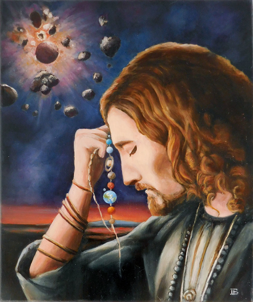 art cosmos asteroid asteroide système solaire solar system man homme portrait chapelet rosary mystic mystique symbolisme symbolism oil painting peinture à l'huile art