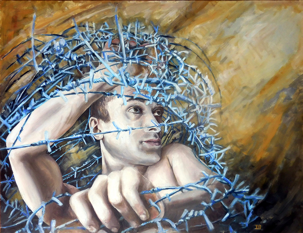 portrait homme man art barbelés barbed wires transcendance vision peinture à l'huile oil painting