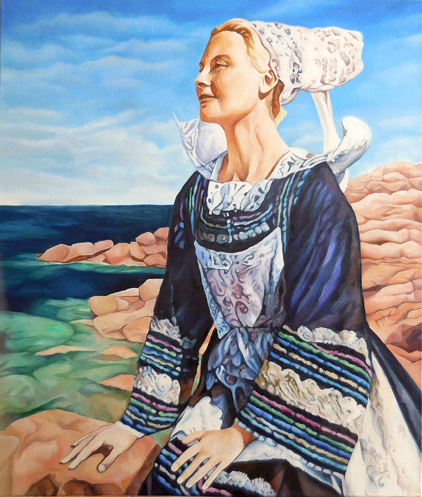 portrait femme bretonne bigouden art mer ocean atlantique côte de granut rose breton lady seashore pink marble coiffe costume peinture à l'huile oil painting